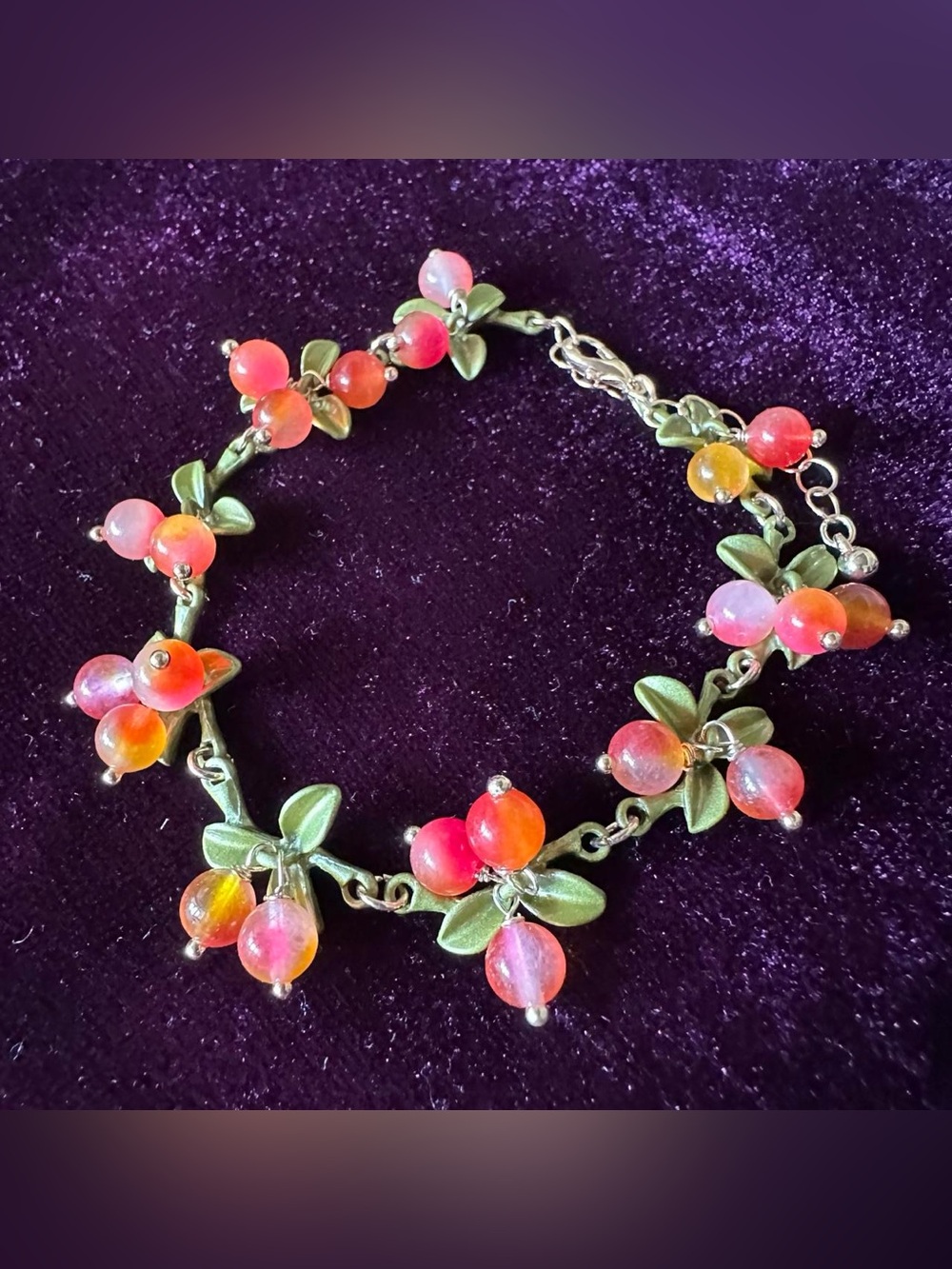 Real stone crystal orange yellow and green cranberry bead leaf bracelet.